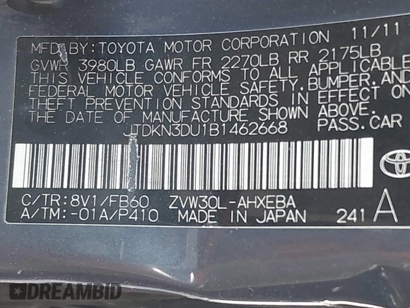 2011 Toyota Prius I with VIN JTDKN3DU1B1462668, listed as a IAAI auction lot 41939046 with 28,401 mi miles and . Bid and sale history available at DreamBid. Image 9.