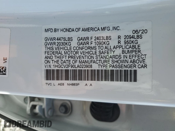2020 Honda Accord Touring с VIN 1HGCV2F90LA023908, выставлен на аукционе Copart как лот 51314895 с пробегом 65 076 миль миль и Списание • Salvage title. История ставок и продаж доступна на DreamBid. Изображение 12.