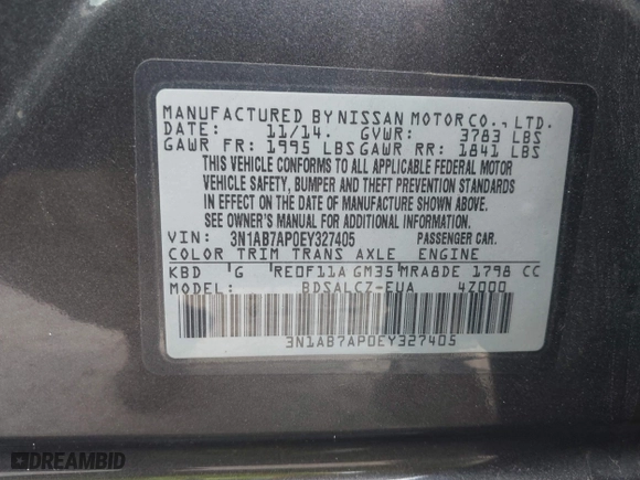 2014 Nissan Sentra SR with VIN 3N1AB7AP0EY327405, listed as a IAAI auction lot 41634407 with 139,637 mi miles. Bid and sale history available at carsss.com. Image 9.