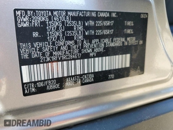 2024 Toyota RAV4 LE with VIN 2T3K1RFV1RC284617, listed as a Copart auction lot 46252955 with 27,881 mi miles and Salvage Title. Bid and sale history available at carsss.com. Image 13.