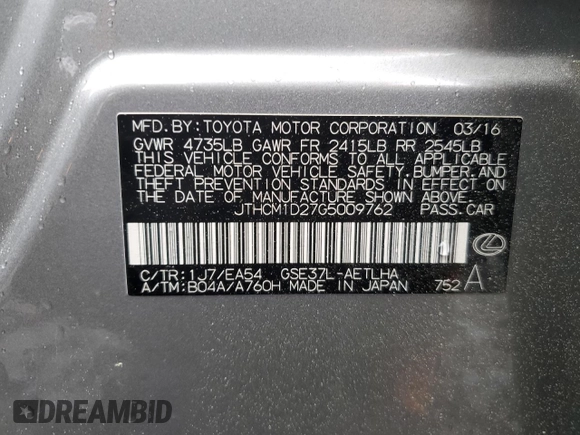 2016 Lexus IS 300/350 z VIN JTHCM1D27G5009762, wystawiony jako Copart lot #55401185 z przebiegiem 105 739 mil mil oraz Szkoda całkowita • Salvage title. Historia ofert i sprzedaży dostępna na DreamBid. Obrazek 12.