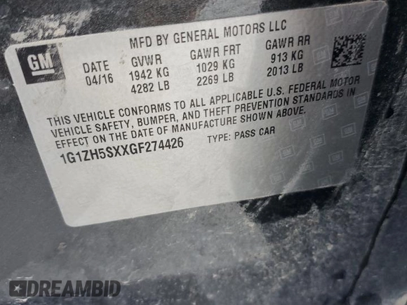 2016 Chevrolet Malibu Premier with VIN 1G1ZH5SXXGF274426, listed as a Copart auction lot 48183285 with 105,953 mi miles and Salvage Title. Bid and sale history available at DreamBid. Image 12.