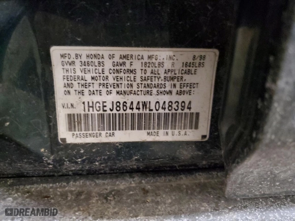 1998 Honda Civic EX with VIN 1HGEJ8644WL048394, listed as a Copart auction lot 83561754 with 221,584 mi miles and Salvage Title. Bid and sale history available at carsss.com. Image 12.