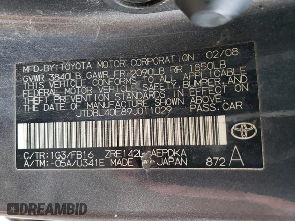 2009 Toyota Corolla with VIN JTDBL40E89J011029, listed as a Copart auction lot 55181965 with 205,802 mi miles and Non Repairable. Bid and sale history available at carsss.com. Image 12.