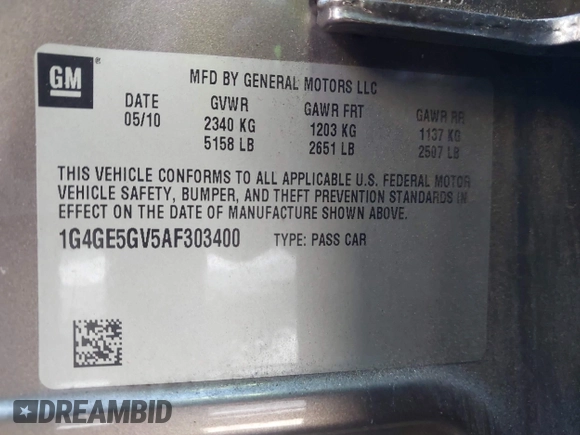 2010 Buick LaCrosse CXS with VIN 1G4GE5GV5AF303400, listed as a IAAI auction lot 41623486 with 75,563 mi miles and . Bid and sale history available at DreamBid. Image 9.