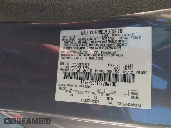 2014 Ford Mustang GT with VIN 1ZVBP8CF1E5206700, listed as a IAAI auction lot 41591289 with 118,769 mi miles and . Bid and sale history available at DreamBid. Image 9.