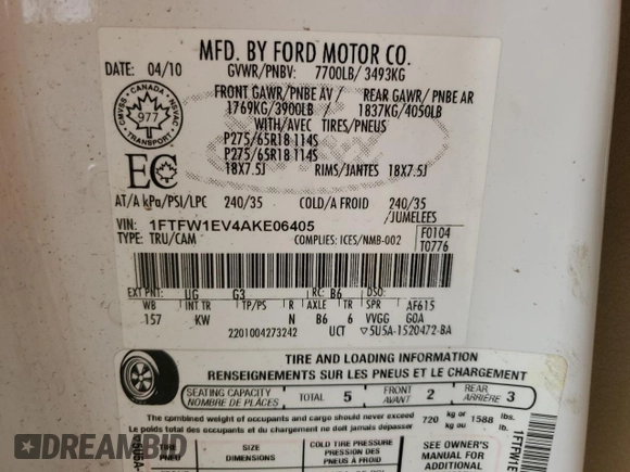2010 Ford F-150 XL с VIN 1FTFW1EV4AKE06405, выставлен на аукционе Copart как лот 59010245 с пробегом Не указан миль и Чистый • Clean title. История ставок и продаж доступна на DreamBid. Изображение 12.