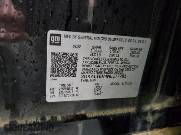 2022 GMC Terrain SLE with VIN 3GKALTEV4NL177781, listed as a Copart auction lot 50382735 with Not provided miles and Salvage title. Bid and sale history available at DreamBid. Image 13.