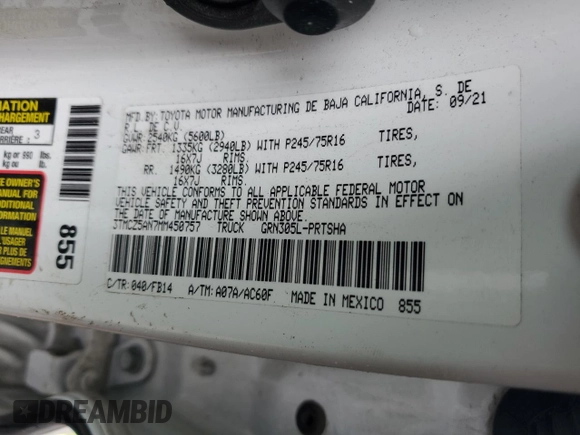2021 Toyota Tacoma SR with VIN 3TMCZ5AN7MM450757, listed as a Copart auction lot 59021405 with Not provided miles and Salvage title. Bid and sale history available at DreamBid. Image 12.