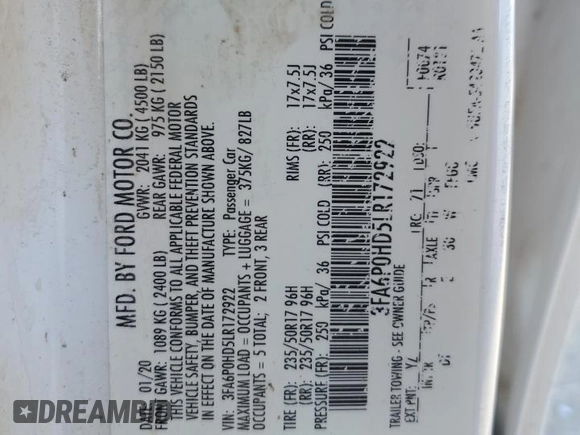 2020 Ford Fusion SE with VIN 3FA6P0HD5LR172922, listed as a Copart auction lot 56693095 with 111,946 mi miles and Salvage title. Bid and sale history available at DreamBid. Image 12.