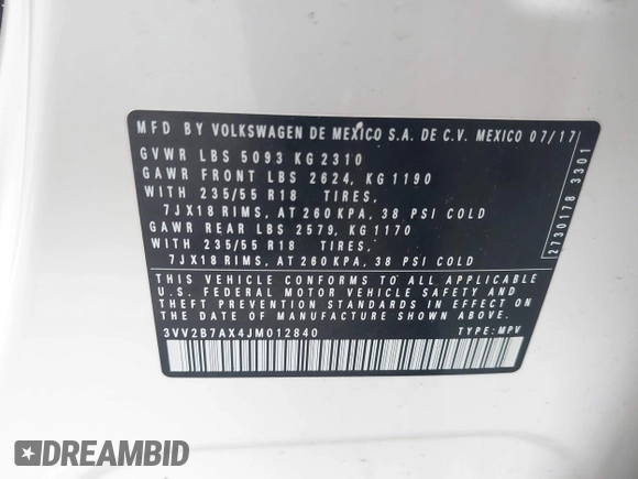 2018 Volkswagen Tiguan SEL with VIN 3VV2B7AX4JM012840, listed as a IAAI auction lot 42263511 with 105,510 mi miles and . Bid and sale history available at DreamBid. Image 9.