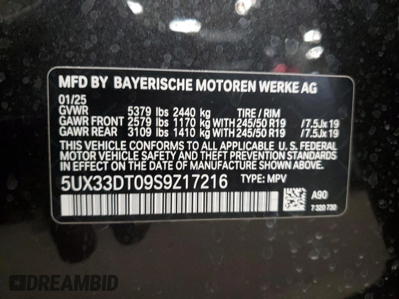 2025 BMW X4 xDrive30i z VIN 5UX33DT09S9Z17216, wystawiony jako Copart lot #55650105 z przebiegiem 1 214 mil mil oraz Szkoda całkowita • Salvage title. Historia ofert i sprzedaży dostępna na DreamBid. Obrazek 13.