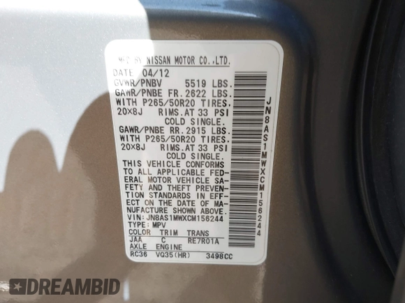 2012 Infiniti FX with VIN JN8AS1MWXCM156244, listed as a IAAI auction lot 41985306 with 107,039 mi miles and . Bid and sale history available at DreamBid. Image 9.