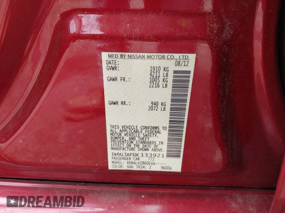 2013 Nissan Altima SL with VIN 1N4AL3AP1DC133921, listed as a IAAI auction lot 42368502 with 124,517 mi miles and . Bid and sale history available at DreamBid. Image 9.