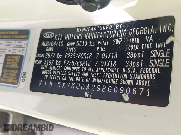 2011 Kia Sorento EX z VIN 5XYKUDA29BG090671, wystawiony jako IAAI lot #42268857 z przebiegiem 146 770 mil mil oraz . Historia ofert i sprzedaży dostępna na DreamBid. Obrazek 9.