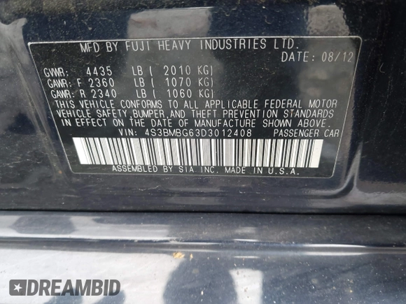 2013 Subaru Legacy Premium z VIN 4S3BMBG63D3012408, wystawiony jako IAAI lot #42343057 z przebiegiem 191 987 mil mil oraz . Historia ofert i sprzedaży dostępna na DreamBid. Obrazek 9.