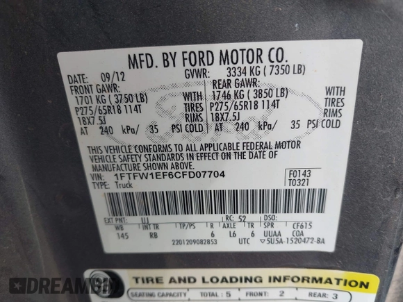 2012 Ford F-150 XL with VIN 1FTFW1EF6CFD07704, listed as a IAAI auction lot 41922204 with 113,224 mi miles. Bid and sale history available at carsss.com. Image 9.