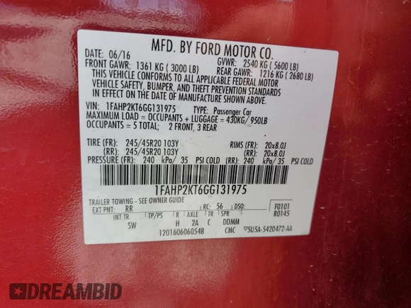 2016 Ford Taurus SHO with VIN 1FAHP2KT6GG131975, listed as a Copart auction lot 62028305 with 130,737 mi miles and Salvage title. Bid and sale history available at DreamBid. Image 12.