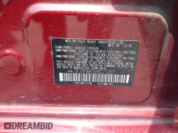 2017 Subaru Crosstrek Premium with VIN JF2GPABC6H8227201, listed as a IAAI auction lot 42279504 with 121,078 mi miles and . Bid and sale history available at DreamBid. Image 9.