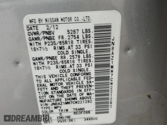 2012 Nissan Murano SV with VIN JN8AZ1MW7CW221292, listed as a Copart auction lot 54353965 with 128,526 mi miles and Salvage Title. Bid and sale history available at carsss.com. Image 14.