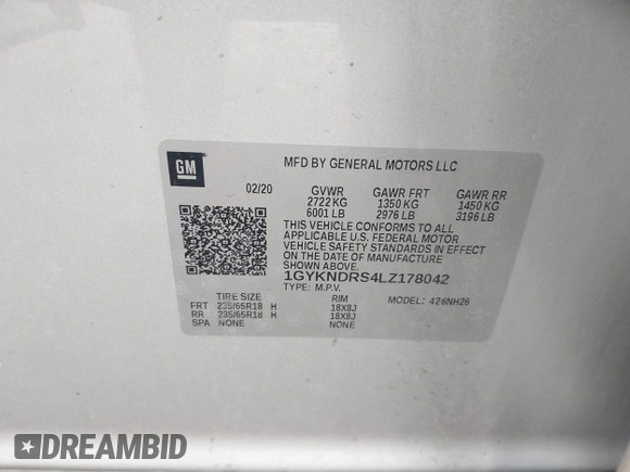 2020 Cadillac XT5 Premium Luxury AWD with VIN 1GYKNDRS4LZ178042, listed as a IAAI auction lot 41583102 with 87,085 mi miles and . Bid and sale history available at carsss.com. Image 9.