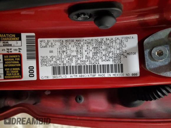 2013 Toyota Tacoma with VIN 3TMLU4EN9DM109122, listed as a Copart auction lot 62320705 with 145,912 mi miles and Salvage title. Bid and sale history available at DreamBid. Image 12.