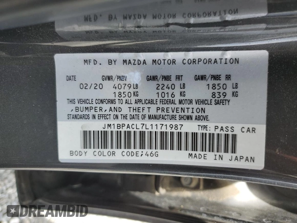 2020 Mazda 3 Select with VIN JM1BPACL7L1171987, listed as a Copart auction lot 56228805 with 66,314 mi miles and Salvage title. Bid and sale history available at DreamBid. Image 12.