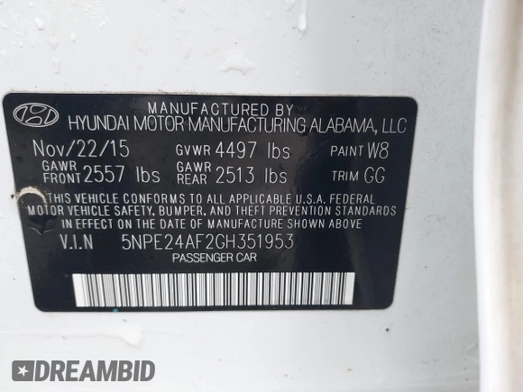 2016 Hyundai Sonata SE with VIN 5NPE24AF2GH351953, listed as a IAAI auction lot 41658674 with 126,126 mi miles and . Bid and sale history available at carsss.com. Image 9.