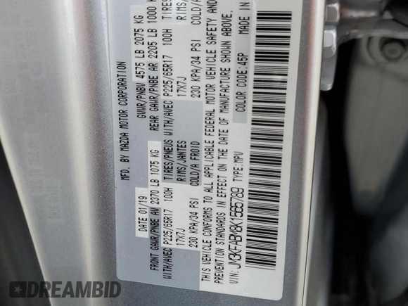 2019 Mazda CX-5 Sport with VIN JM3KFABM8K1565789, listed as a Copart auction lot 55978175 with 42,392 mi miles and Salvage Title. Bid and sale history available at DreamBid. Image 14.