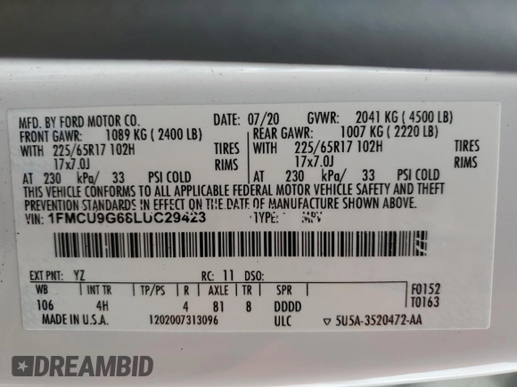 2020 Ford Escape SE z VIN 1FMCU9G68LUC29423, wystawiony jako Copart lot #53179445 z przebiegiem 64 909 mil mil oraz Szkoda całkowita • Salvage title. Historia ofert i sprzedaży dostępna na DreamBid. Obrazek 15.