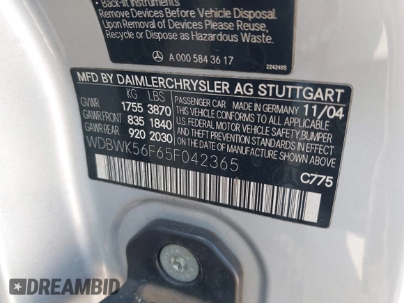 2005 Mercedes-Benz SLK 230/320 with VIN WDBWK56F65F042365, listed as a IAAI auction lot 42521851 with 106,040 mi miles and . Bid and sale history available at DreamBid. Image 9.