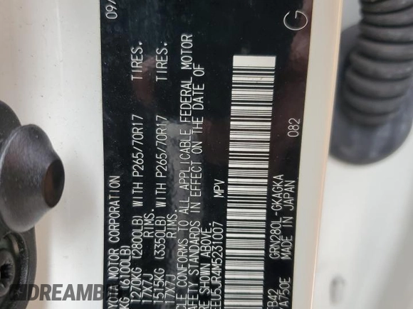 2021 Toyota 4Runner SR5 with VIN JTEEU5JR4M5231007, listed as a Copart auction lot 61396175 with 74,973 mi miles and Salvage title. Bid and sale history available at DreamBid. Image 13.