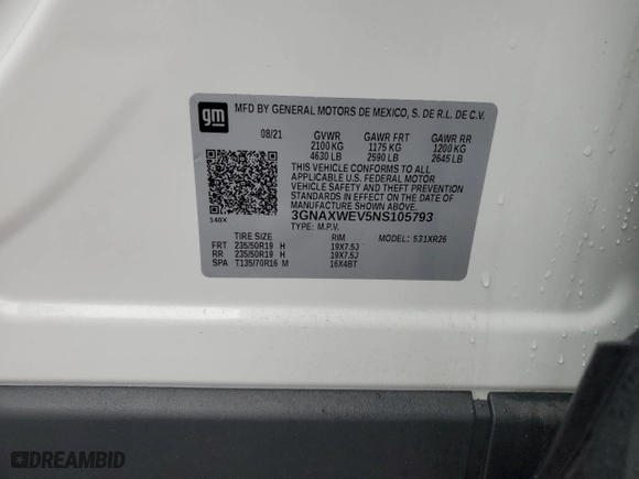 2022 Chevrolet Equinox RS with VIN 3GNAXWEV5NS105793, listed as a Copart auction lot 43912605 with 3,886 mi miles and Salvage Title. Bid and sale history available at carsss.com. Image 13.