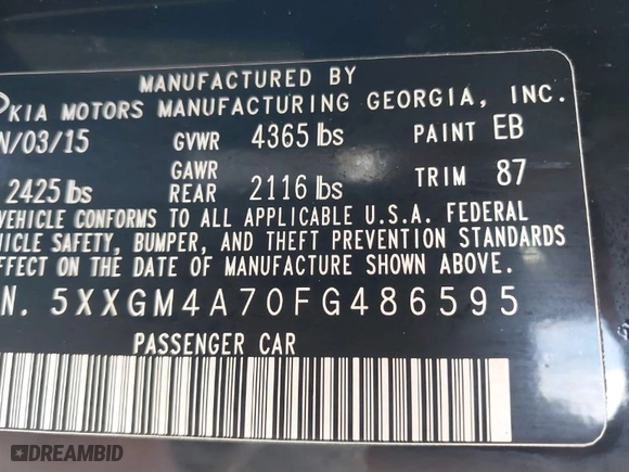 2015 Kia Optima LX with VIN 5XXGM4A70FG486595, listed as a IAAI auction lot 41698174 with 87,410 mi miles. Bid and sale history available at carsss.com. Image 9.