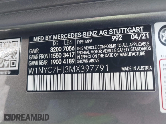 2021 Mercedes-Benz G with VIN W1NYC7HJ3MX397791, listed as a IAAI auction lot 41626196 with 4,165 mi miles. Bid and sale history available at carsss.com. Image 9.