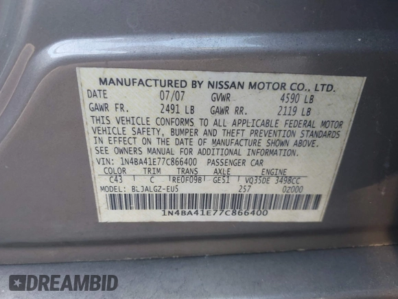 2007 Nissan Maxima 3.5 SE with VIN 1N4BA41E77C866400, listed as a IAAI auction lot 41710836 with 183,604 mi miles. Bid and sale history available at carsss.com. Image 9.
