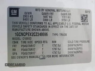 2012 Chevrolet Silverado 1500 Work Truck with VIN 1GCNCPEX2CZ248696, listed as a IAAI auction lot 42045677 with 41,427 mi miles and . Bid and sale history available at DreamBid. Image 9.