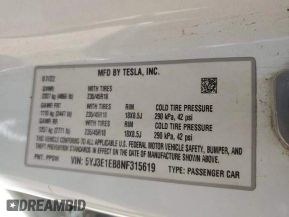 2022 Tesla Model 3 Long Range with VIN 5YJ3E1EB8NF315619, listed as a Copart auction lot 53336485 with Not Provided miles and Salvage Title. Bid and sale history available at DreamBid. Image 12.
