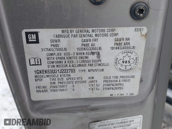 2001 GMC Yukon Denali z VIN 1GKEK63U21J222783, wystawiony jako IAAI lot #41443565 z przebiegiem Nie podano mil oraz . Historia ofert i sprzedaży dostępna na DreamBid. Obrazek 9.