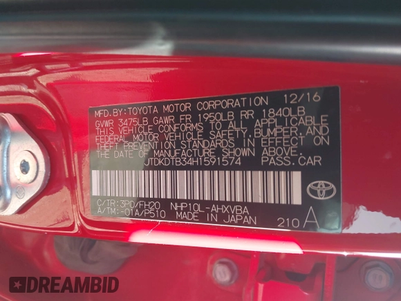 2017 Toyota Prius One with VIN JTDKDTB34H1591574, listed as a IAAI auction lot 42400046 with 190,128 mi miles and . Bid and sale history available at DreamBid. Image 9.