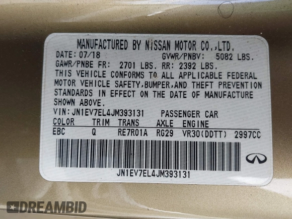 2018 Infiniti Q60 Luxe with VIN JN1EV7EL4JM393131, listed as a IAAI auction lot 41813420 with 87,571 mi miles and . Bid and sale history available at DreamBid. Image 9.