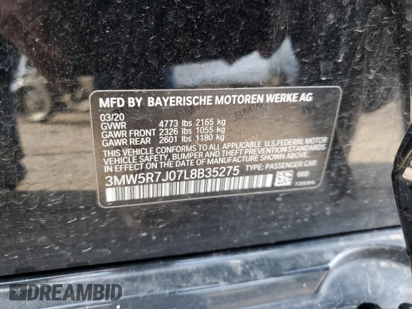 2020 BMW 3 Series 330i xDrive with VIN 3MW5R7J07L8B35275, listed as a Copart auction lot 59894105 with 28,310 mi miles and Salvage title. Bid and sale history available at DreamBid. Image 14.