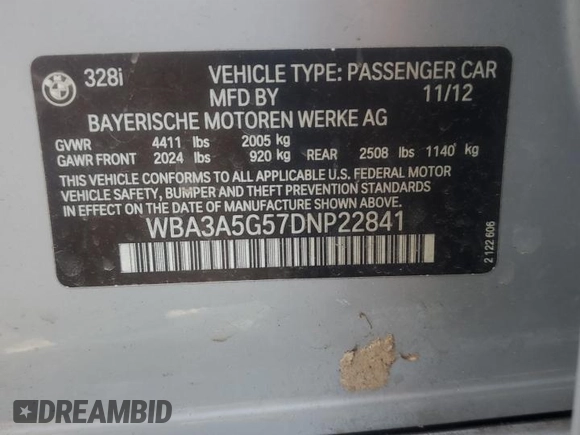 2013 BMW 3 Series 328i с VIN WBA3A5G57DNP22841, выставлен на аукционе Copart как лот 55885035 с пробегом 120 634 миль миль и Чистый • Clean title. История ставок и продаж доступна на DreamBid. Изображение 12.