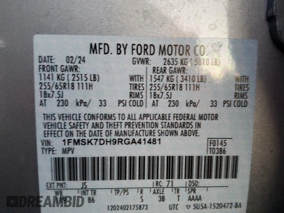 2024 Ford Explorer XLT with VIN 1FMSK7DH9RGA41481, listed as a Copart auction lot 43272945 with 12,559 mi miles and Salvage Title. Bid and sale history available at carsss.com. Image 14.