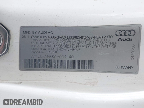2012 Audi A5 Premium Plus z VIN WAULFAFR8CA004140, wystawiony jako IAAI lot #42009180 z przebiegiem 133 284 mil mil oraz . Historia ofert i sprzedaży dostępna na DreamBid. Obrazek 9.