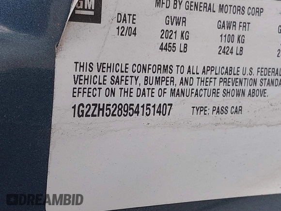 2005 Pontiac G6 GT with VIN 1G2ZH528954151407, listed as a IAAI auction lot 39966969 with 1 mi miles. Bid and sale history available at carsss.com. Image 9.
