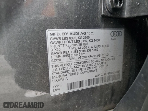 2021 Audi Q7 Premium Plus with VIN WA1LJAF78MD016265, listed as a Copart auction lot 47892535 with Not provided miles and Salvage title. Bid and sale history available at DreamBid. Image 13.