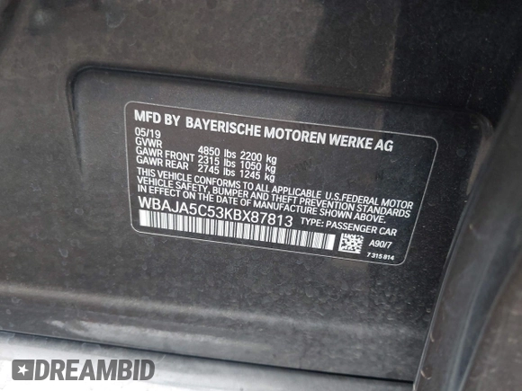 2019 BMW 5 Series 530i с VIN WBAJA5C53KBX87813, выставлен на аукционе IAAI как лот 42541607 с пробегом 91 922 миль миль и . История ставок и продаж доступна на DreamBid. Изображение 9.