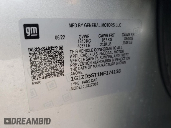 2022 Chevrolet Malibu LT with VIN 1G1ZD5ST1NF174138, listed as a Copart auction lot 56184905 with 80,007 mi miles and Clean Title. Bid and sale history available at DreamBid. Image 12.
