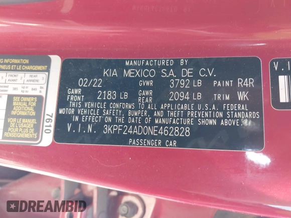 2022 Kia Forte LXS with VIN 3KPF24AD0NE462828, listed as a IAAI auction lot 42019108 with 25,536 mi miles and . Bid and sale history available at DreamBid. Image 9.